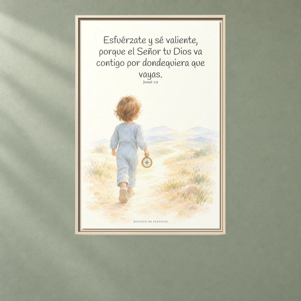 Esfuérzate y sé valiente, porque Jehová va contigo — Lienzo Cristiano Enmarcado | Josué 1:9 — 24×36 pulgadas, marco natural, vista frontal ambiental, escala física calibrada