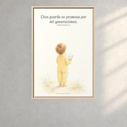 Dios guarda su pacto por mil generaciones — Lienzo Cristiano Enmarcado | Deuteronomio 7:9 — 24×36 pulgadas, marco natural, vista frontal ambiental, escala física calibrada