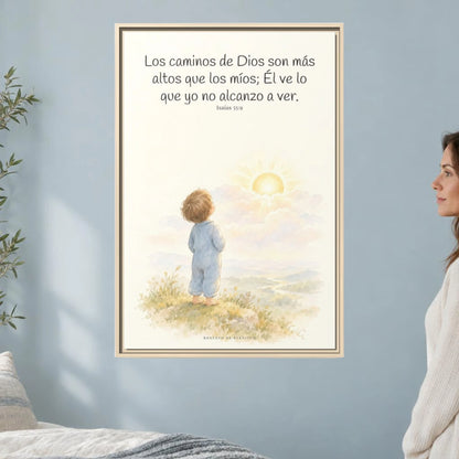 Los pensamientos de Dios son más altos que los míos — Lienzo Cristiano Enmarcado | Isaías 55:9 — 24×36 pulgadas, marco natural, vista frontal ambiental, escala física calibrada