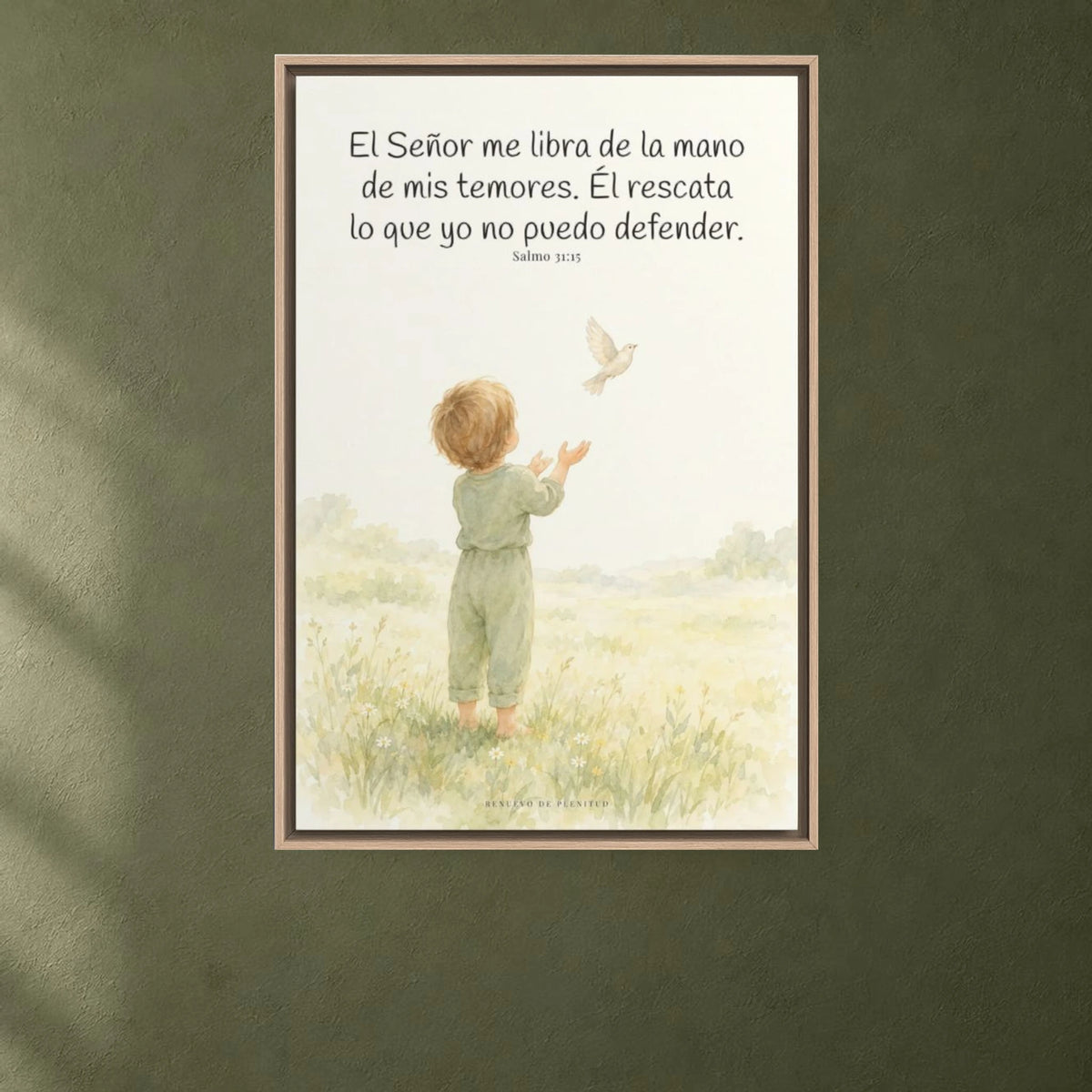 El Señor me libra de la mano de mis temores | Lienzo bíblico para el hogar | Salmo 31:15 — 24×36 pulgadas, marco natural, vista frontal ambiental, escala física calibrada