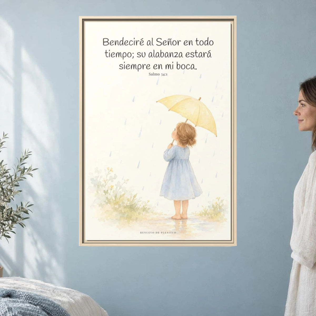 Bendeciré a Jehová en todo tiempo — Lienzo Cristiano Enmarcado | Salmo 34:1 — 24×36 pulgadas, marco natural, vista frontal ambiental, escala física calibrada