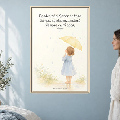 Bendeciré a Jehová en todo tiempo — Lienzo Cristiano Enmarcado | Salmo 34:1 — 24×36 pulgadas, marco natural, vista frontal ambiental, escala física calibrada