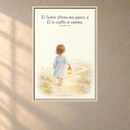El Señor dirige mis pasos este año — Lienzo Cristiano Enmarcado | Proverbios 16:9 — 24×36 pulgadas, marco natural, vista frontal ambiental, escala física calibrada