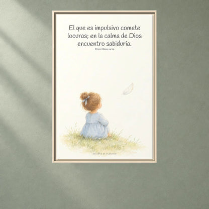 La prisa del corazón no agrada a Dios | Decoración cristiana enmarcada | Proverbios 14:29 — 24×36 pulgadas, marco natural, vista frontal ambiental, escala física calibrada