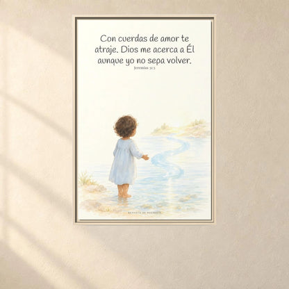 Con cuerdas de amor te atraje — Lienzo Cristiano Enmarcado | Jeremías 31:3 — 24×36 pulgadas, marco natural, vista frontal ambiental, escala física calibrada