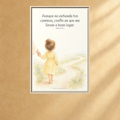 Confía en Dios cuando no entiendas el camino — Lienzo Cristiano Enmarcado | Isaías 55:8-9 — 24×36 pulgadas, marco natural, vista frontal ambiental, escala física calibrada