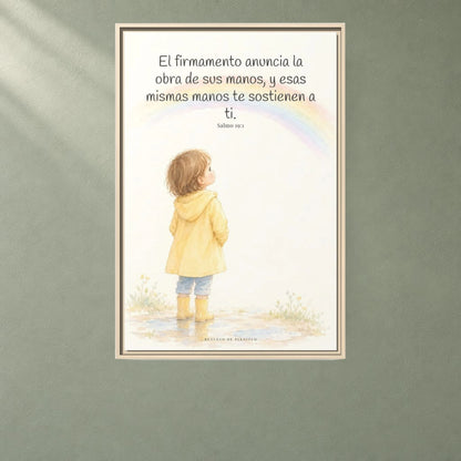 El firmamento anuncia la obra de sus manos — Lienzo Cristiano Enmarcado | Salmo 19:1 — 24×36 pulgadas, marco natural, vista frontal ambiental, escala física calibrada