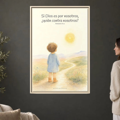 Si Dios es por nosotros, ¿quién contra nosotros? — Lienzo Cristiano Enmarcado | Romanos 8:31 — 24×36 pulgadas, marco natural, vista frontal ambiental, escala física calibrada