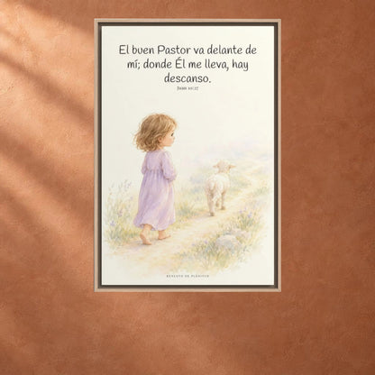 El buen Pastor va delante de mí | Decoración de fe para pared | Juan 10:27 — 24×36 pulgadas, marco natural, vista frontal ambiental, escala física calibrada
