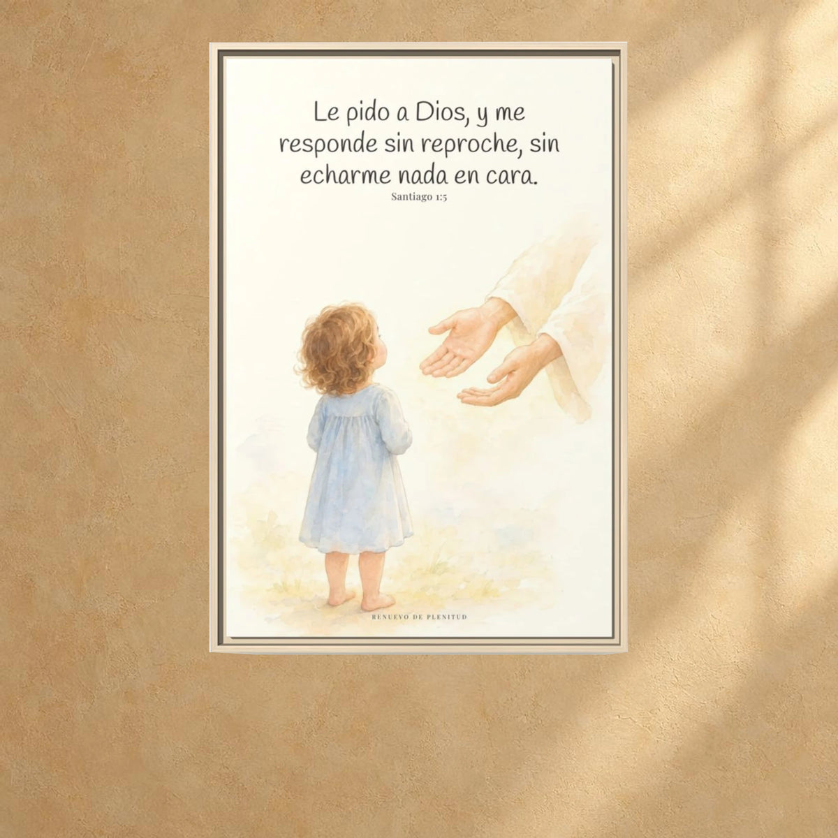 Dios me responde sin echármelo en cara — Lienzo Cristiano Enmarcado | Santiago 1:5 — 24×36 pulgadas, marco natural, vista frontal ambiental, escala física calibrada