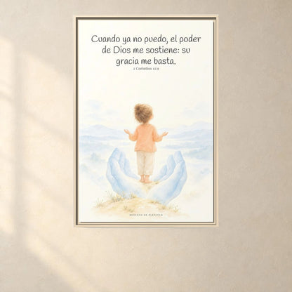 El poder de Dios se perfecciona en mi debilidad — Lienzo Cristiano Enmarcado | 2 Corintios 12:9 — 24×36 pulgadas, marco natural, vista frontal ambiental, escala física calibrada