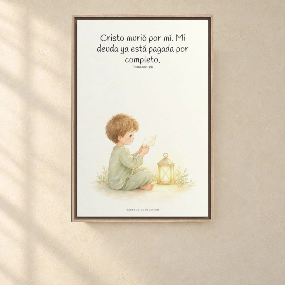Cristo pagó lo que yo no podía pagar | Cuadro de fe enmarcado | Romanos 5:8 — 24×36 pulgadas, marco natural, vista frontal ambiental, escala física calibrada