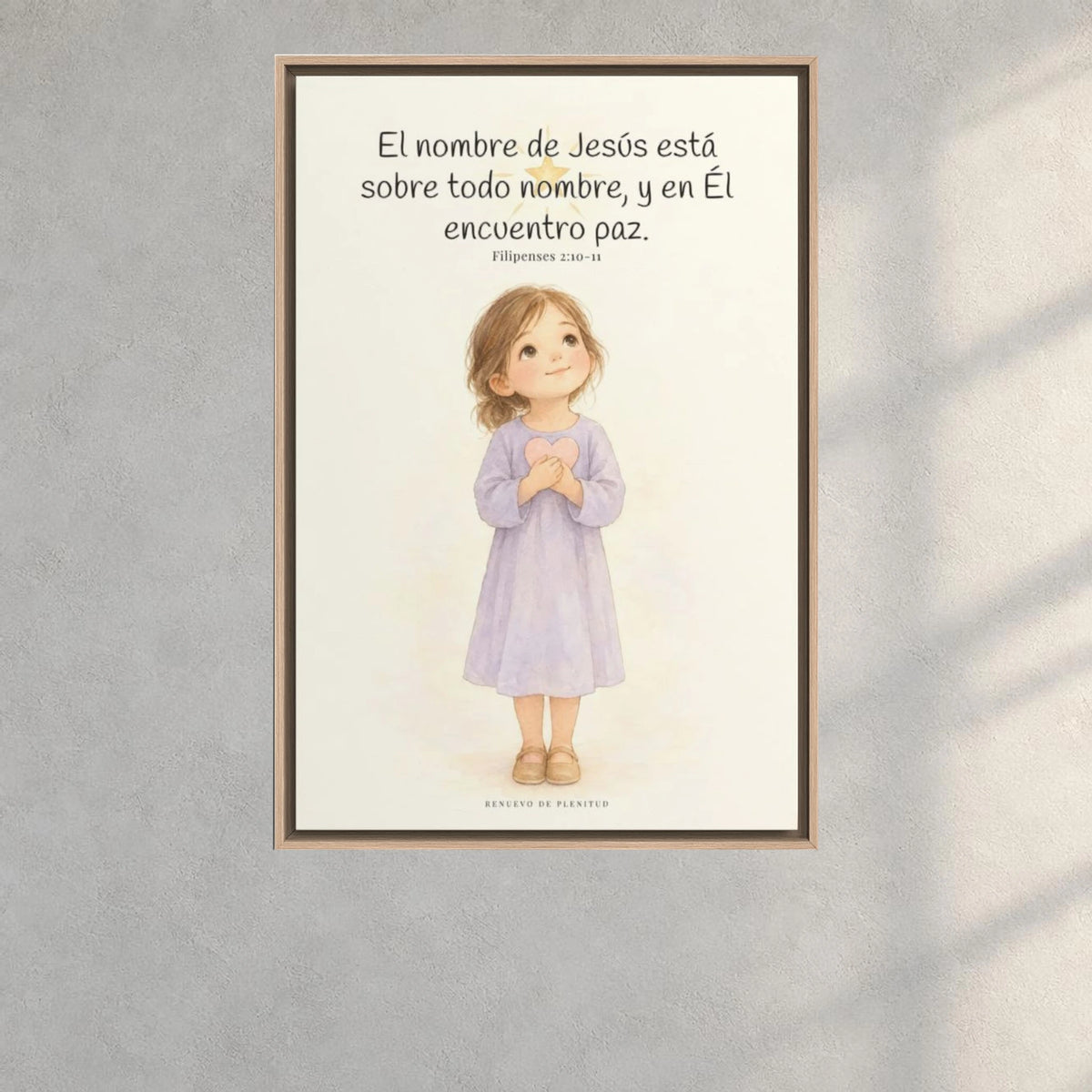El nombre de Jesús está sobre todo nombre | Lienzo de fe para el hogar | Filipenses 2:10-11 — 24×36 pulgadas, marco natural, vista frontal ambiental, escala física calibrada