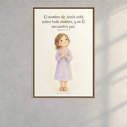 El nombre de Jesús está sobre todo nombre | Lienzo de fe para el hogar | Filipenses 2:10-11 — 24×36 pulgadas, marco natural, vista frontal ambiental, escala física calibrada