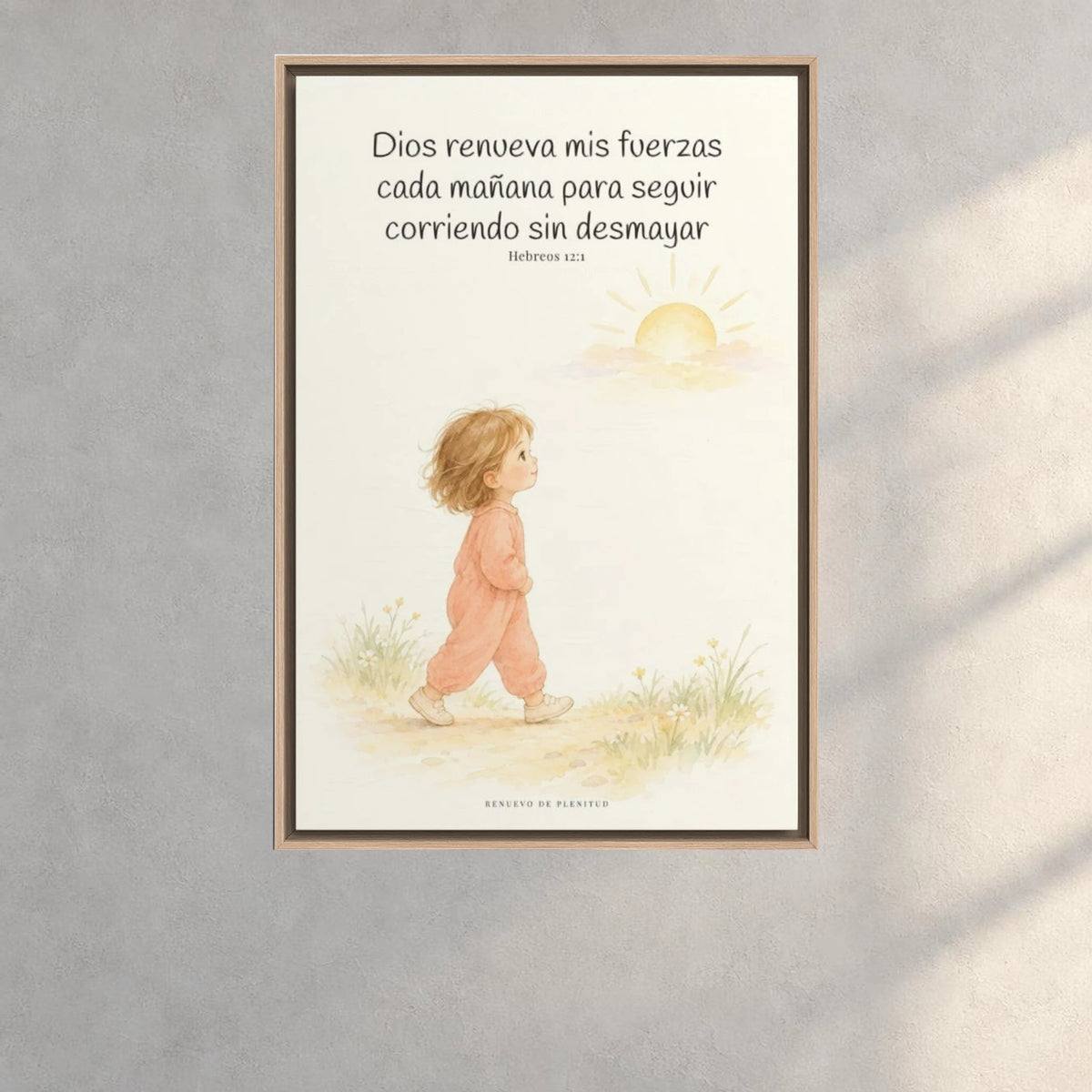 Dios me da nuevas fuerzas cada mañana | Decoración de fe para pared | Hebreos 12:1 — 24×36 pulgadas, marco natural, vista frontal ambiental, escala física calibrada