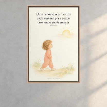 Dios me da nuevas fuerzas cada mañana | Decoración de fe para pared | Hebreos 12:1 — 24×36 pulgadas, marco natural, vista frontal ambiental, escala física calibrada