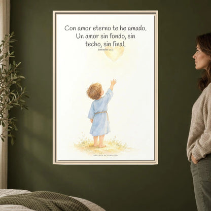 Con amor eterno te he amado — Lienzo Cristiano Enmarcado | Jeremías 31:3 — 24×36 pulgadas, marco natural, vista frontal ambiental, escala física calibrada
