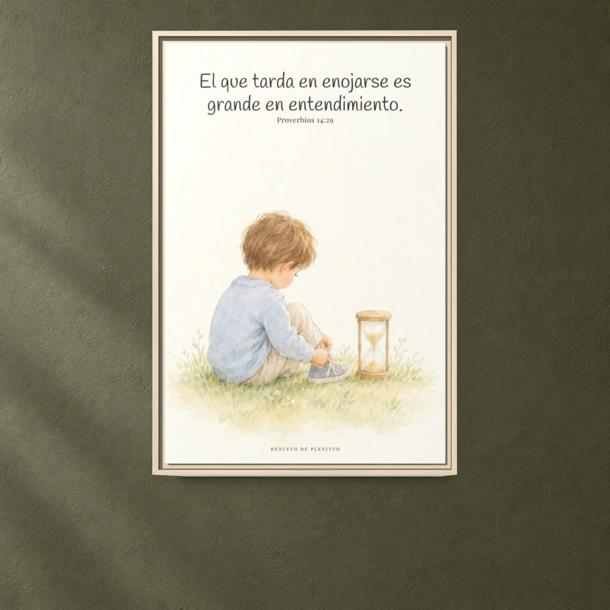 El que es lento para la ira es grande en entendimiento — Lienzo Cristiano Enmarcado | Proverbios 14:29 — 24×36 pulgadas, marco natural, vista frontal ambiental, escala física calibrada