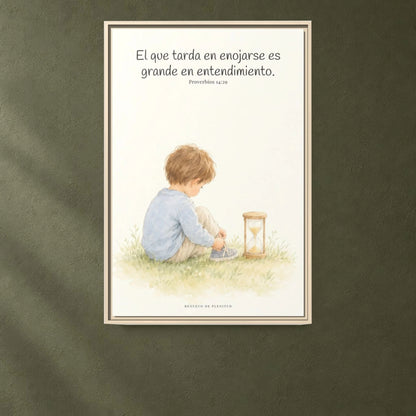 El que es lento para la ira es grande en entendimiento — Lienzo Cristiano Enmarcado | Proverbios 14:29 — 24×36 pulgadas, marco natural, vista frontal ambiental, escala física calibrada