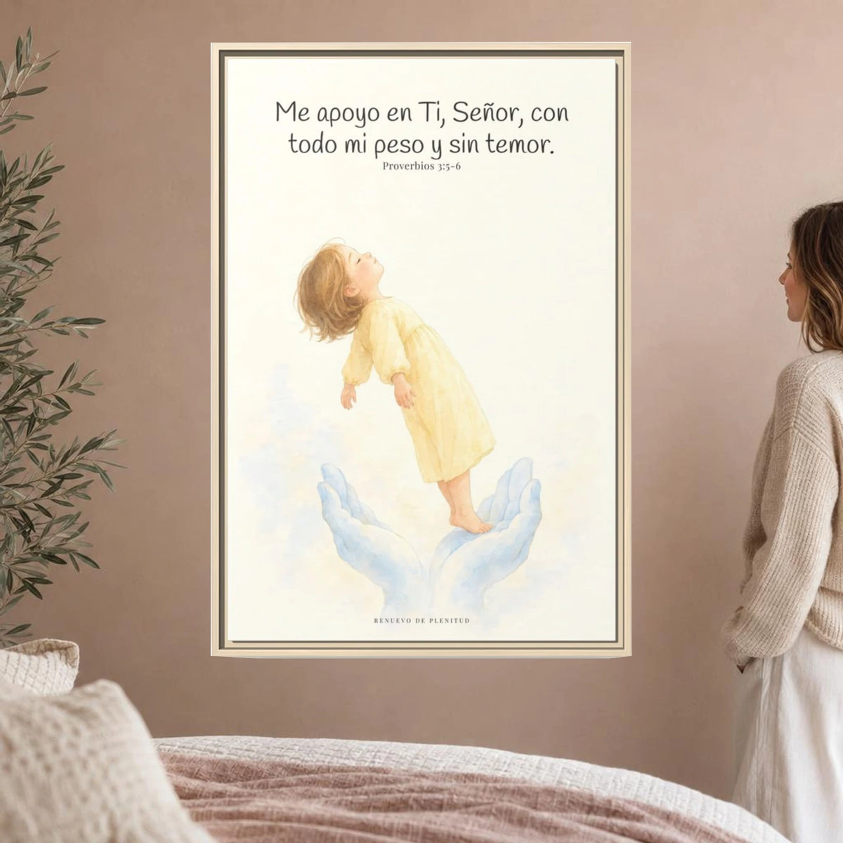En Jehová confío de todo corazón — Lienzo Cristiano Enmarcado | Proverbios 3:5-6 — 24×36 pulgadas, marco natural, vista frontal ambiental, escala física calibrada