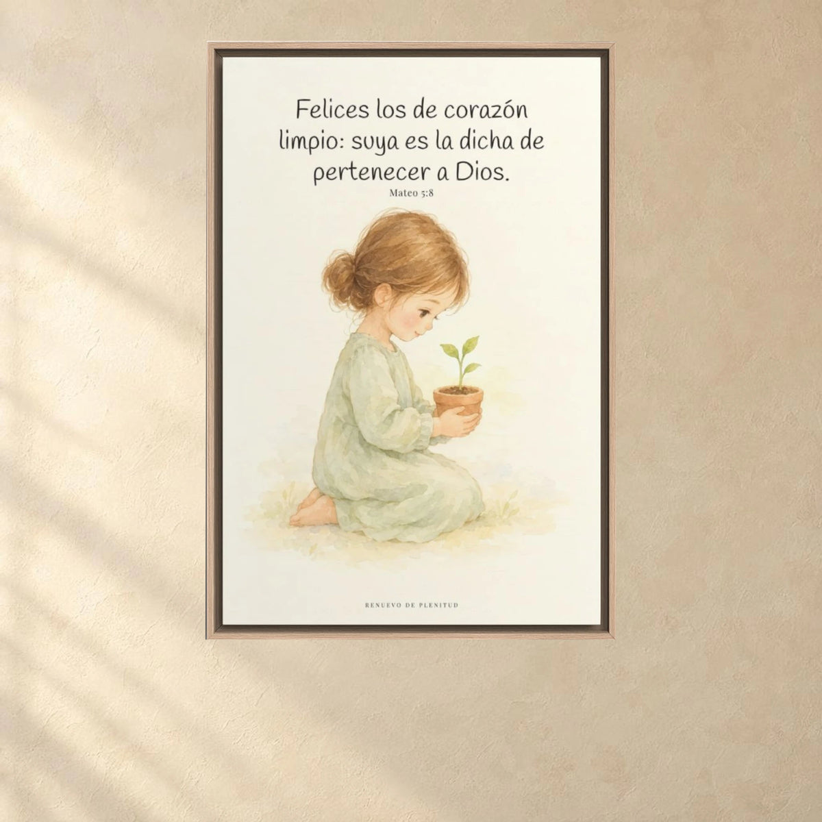 Felices los que pertenecen a Dios | Lienzo de fe para el hogar | Mateo 5:8 — 24×36 pulgadas, marco natural, vista frontal ambiental, escala física calibrada