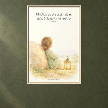Dios es el sostén de mi vida — Lienzo Cristiano Enmarcado | Salmo 42:5 — 24×36 pulgadas, marco natural, vista frontal ambiental, escala física calibrada