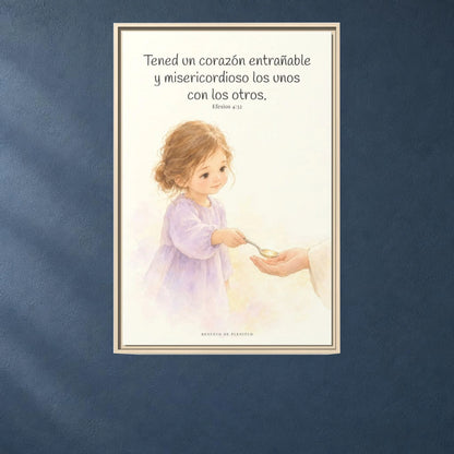 Tened un corazón entrañable — Lienzo Cristiano Enmarcado | Efesios 4:32 — 24×36 pulgadas, marco natural, vista frontal ambiental, escala física calibrada