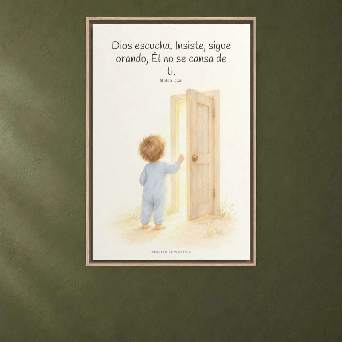 Dios escucha cada oración que le traigo | Cuadro de fe enmarcado | Mateo 17:20 — 24×36 pulgadas, marco natural, vista frontal ambiental, escala física calibrada