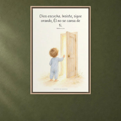 Dios escucha cada oración que le traigo | Cuadro de fe enmarcado | Mateo 17:20 — 24×36 pulgadas, marco natural, vista frontal ambiental, escala física calibrada