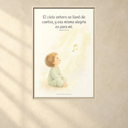 El ejército del cielo canta mi alegría — Lienzo Cristiano Enmarcado | Lucas 2:13-14 — 24×36 pulgadas, marco natural, vista frontal ambiental, escala física calibrada
