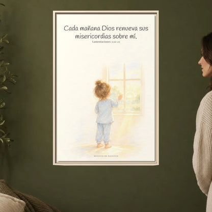 Grandes son sus misericordias cada mañana — Lienzo Cristiano Enmarcado | Lamentaciones 3:22-23 — 24×36 pulgadas, marco natural, vista frontal ambiental, escala física calibrada