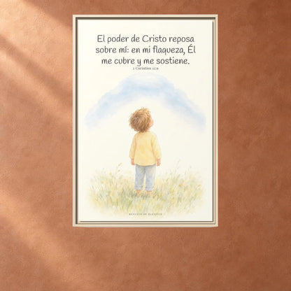 El poder de Cristo descansa sobre mí | Cuadro bíblico para el hogar | 2 Corintios 12:9 — 24×36 pulgadas, marco natural, vista frontal ambiental, escala física calibrada