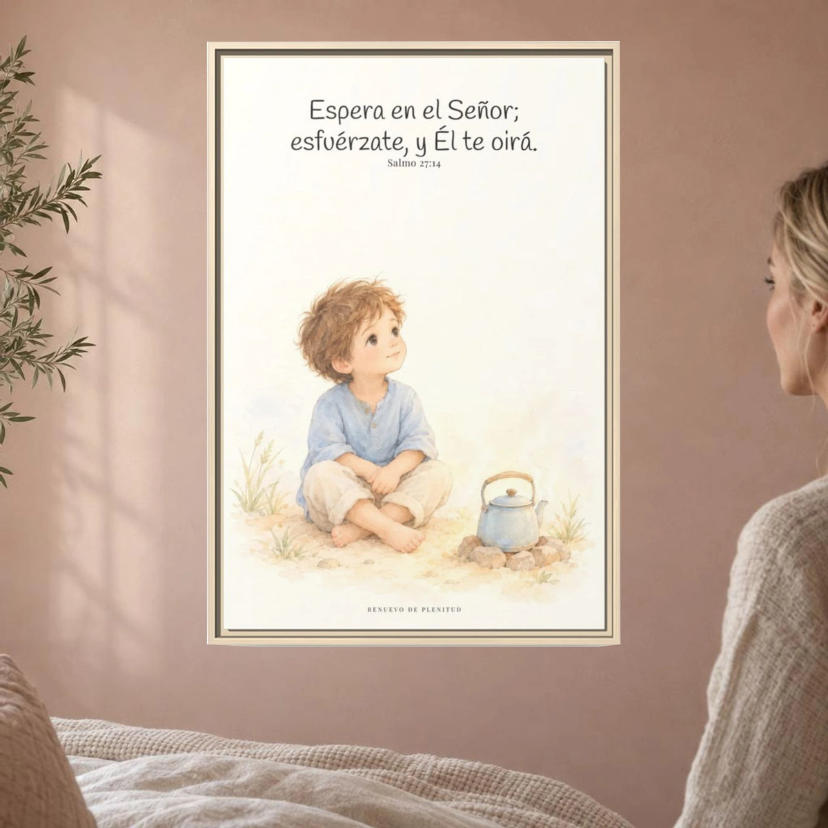 Espera en Jehová, Él te oye — Lienzo Cristiano Enmarcado | Salmo 27:14 — 24×36 pulgadas, marco natural, vista frontal ambiental, escala física calibrada