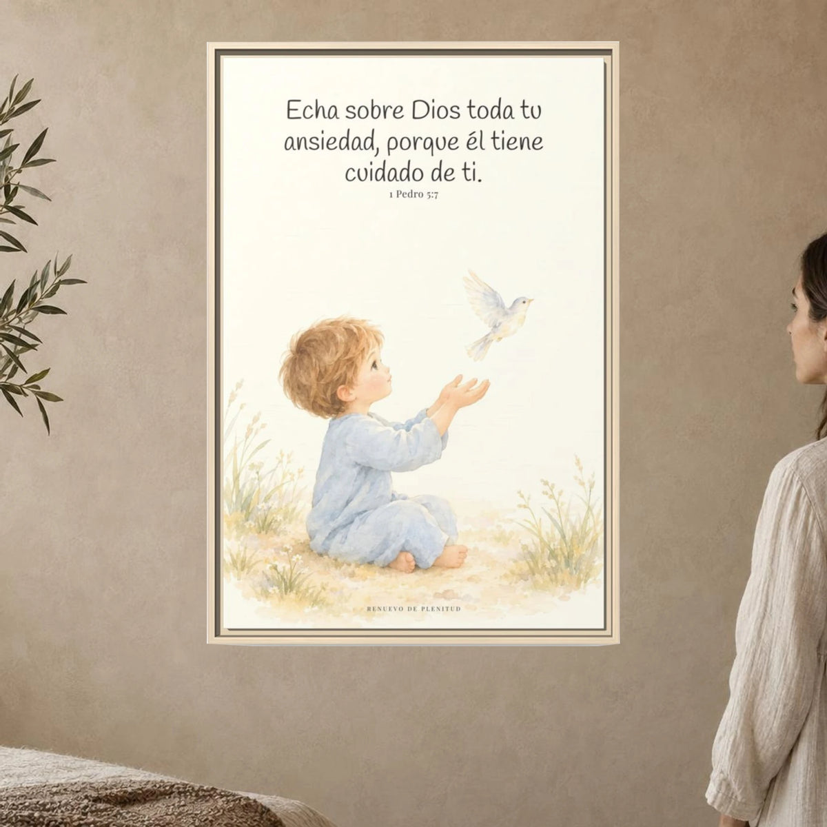 Echa Toda Tu Ansiedad Sobre Dios — Lienzo Cristiano Enmarcado | 1 Pedro 5:7 — 24×36 pulgadas, marco natural, vista frontal ambiental, escala física calibrada
