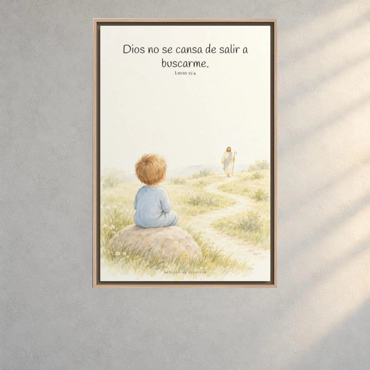 Dios no se cansa de buscarme | Lienzo de fe para el hogar | Lucas 15:4 — 24×36 pulgadas, marco natural, vista frontal ambiental, escala física calibrada
