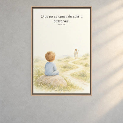 Dios no se cansa de buscarme | Lienzo de fe para el hogar | Lucas 15:4 — 24×36 pulgadas, marco natural, vista frontal ambiental, escala física calibrada