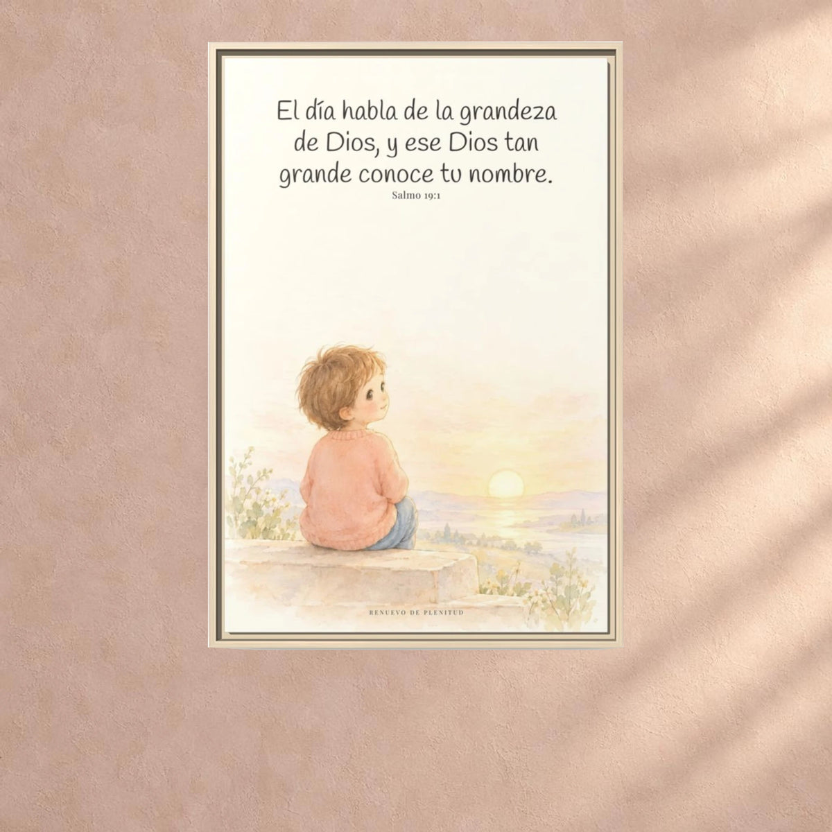 El día habla de la grandeza de Dios | Lienzo cristiano decorativo | Salmo 19:1 — 24×36 pulgadas, marco natural, vista frontal ambiental, escala física calibrada