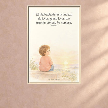 El día habla de la grandeza de Dios | Lienzo cristiano decorativo | Salmo 19:1 — 24×36 pulgadas, marco natural, vista frontal ambiental, escala física calibrada