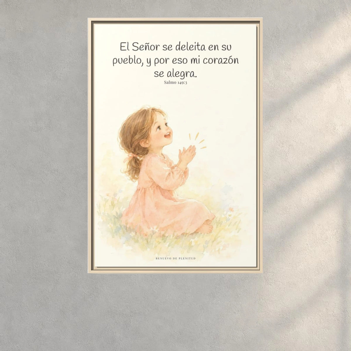 El Señor se deleita en su pueblo — Lienzo Cristiano Enmarcado | Salmo 149:3 — 24×36 pulgadas, marco natural, vista frontal ambiental, escala física calibrada