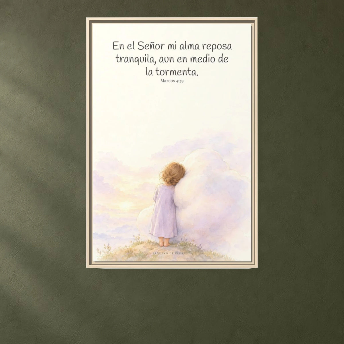 En el Señor mi alma reposa tranquila | Lienzo de fe para el hogar | Marcos 4:39 — 24×36 pulgadas, marco natural, vista frontal ambiental, escala física calibrada
