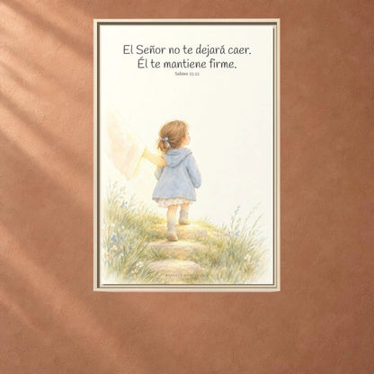 El Señor no te dejará caer — Lienzo Cristiano Enmarcado | Salmo 55:22 — 24×36 pulgadas, marco natural, vista frontal ambiental, escala física calibrada