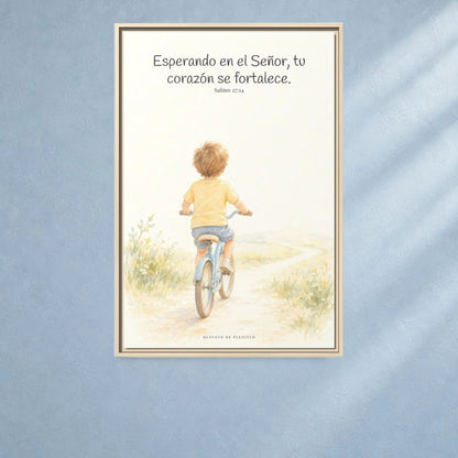 Jehová fortalece tu corazón — Lienzo Cristiano Enmarcado | Salmo 27:14 — 24×36 pulgadas, marco natural, vista frontal ambiental, escala física calibrada