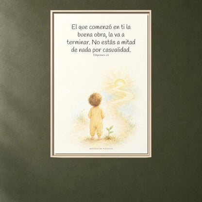 Dios terminará la buena obra que empezó en mí — Lienzo Cristiano Enmarcado | Filipenses 1:6 — 24×36 pulgadas, marco natural, vista frontal ambiental, escala física calibrada