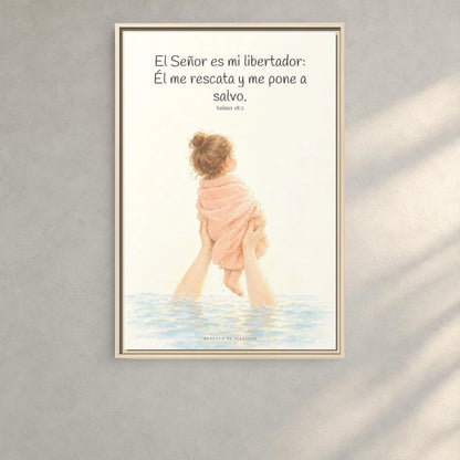 El Señor es mi libertador — Lienzo Cristiano Enmarcado | Salmo 18:2 — 24×36 pulgadas, marco natural, vista frontal ambiental, escala física calibrada