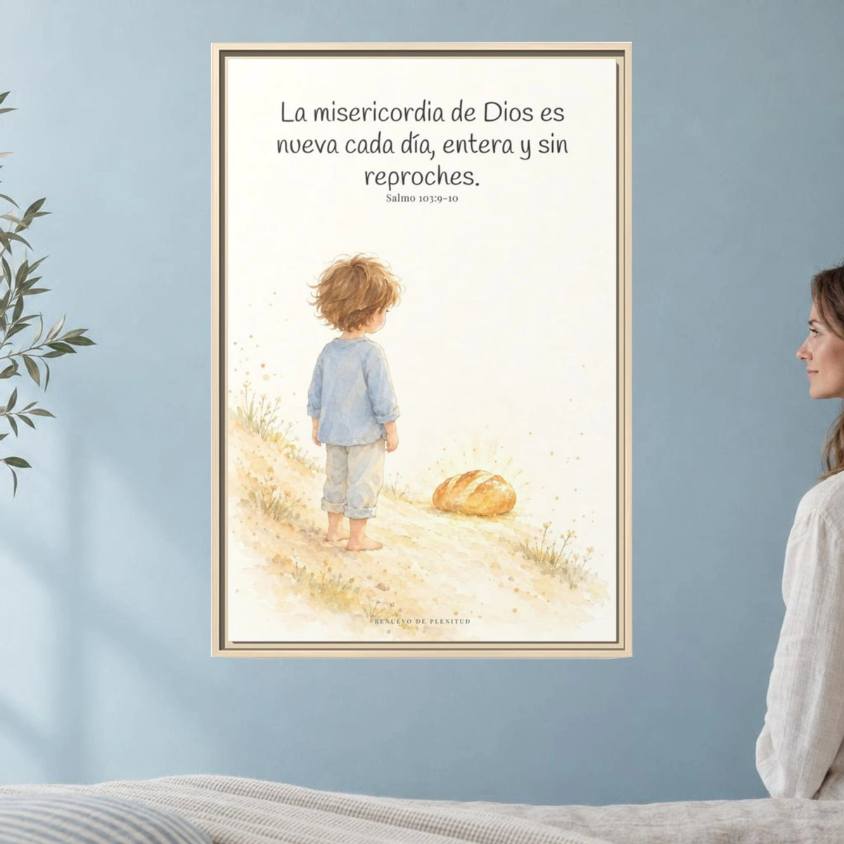 La misericordia de Dios es nueva cada día — Lienzo Cristiano Enmarcado | Salmo 103:9-10 — 24×36 pulgadas, marco natural, vista frontal ambiental, escala física calibrada