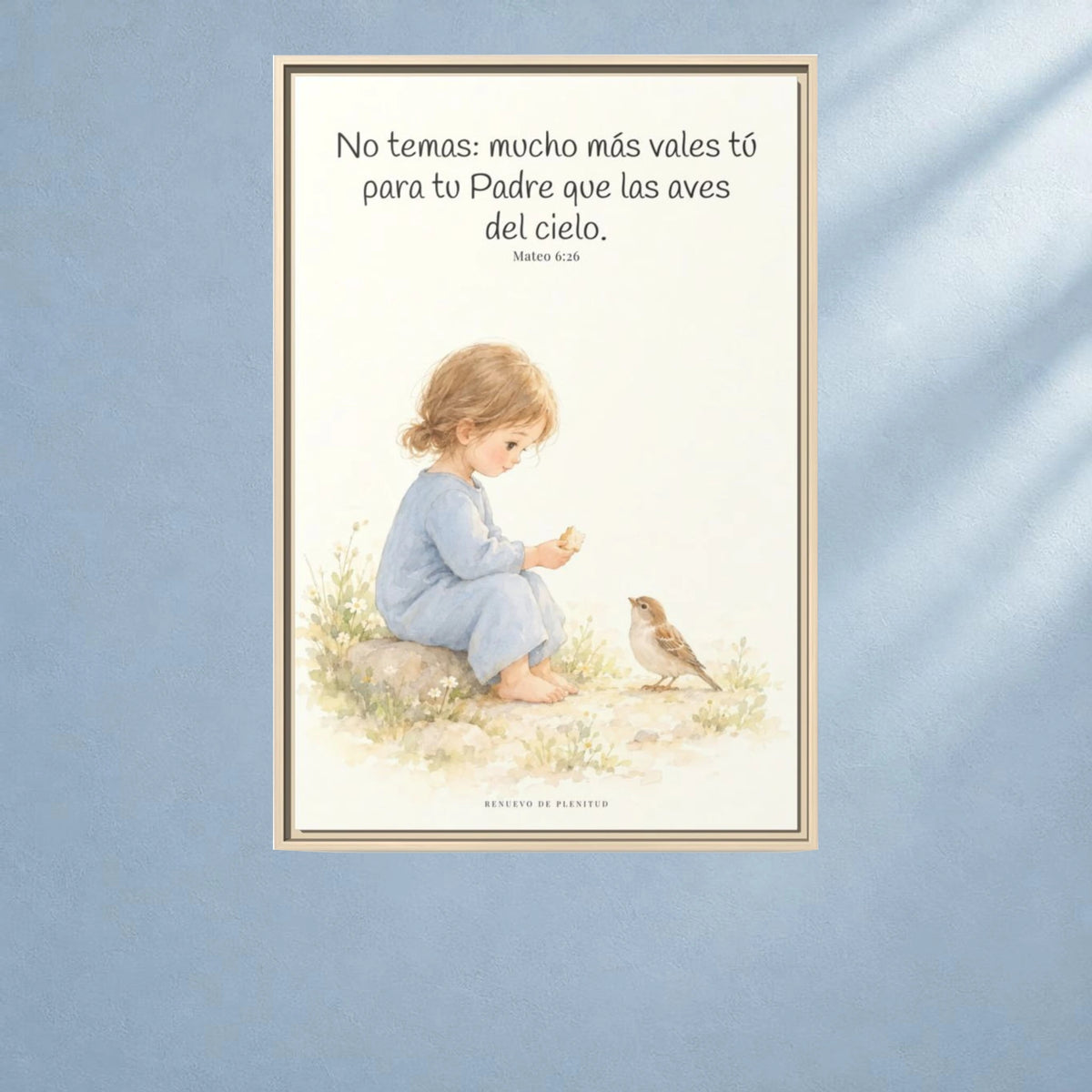 Mucho más valéis vosotros que las aves — Lienzo Cristiano Enmarcado | Mateo 6:26 — 24×36 pulgadas, marco natural, vista frontal ambiental, escala física calibrada