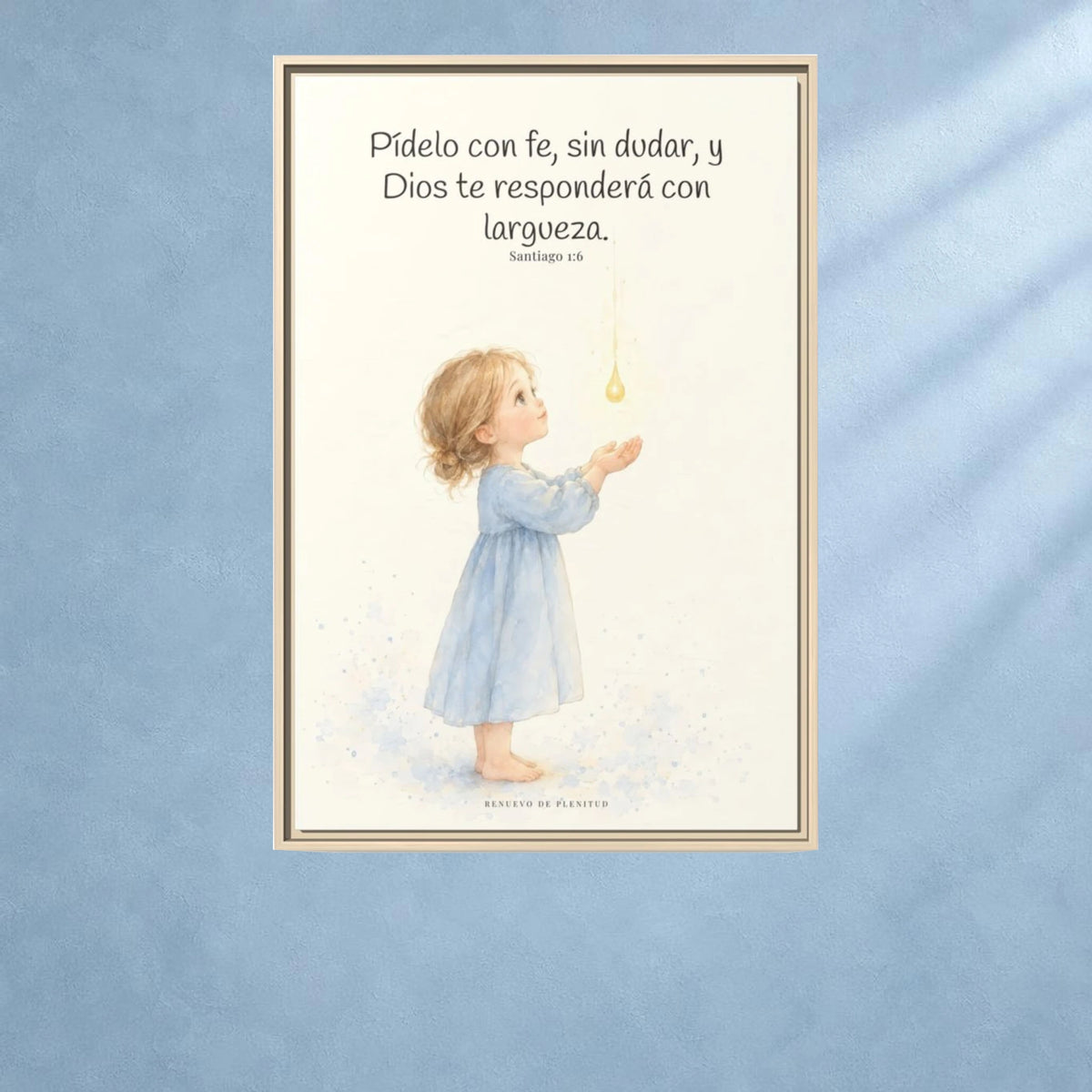 Dios dará sin dudar al que pide con fe — Lienzo Cristiano Enmarcado | Santiago 1:6 — 24×36 pulgadas, marco natural, vista frontal ambiental, escala física calibrada