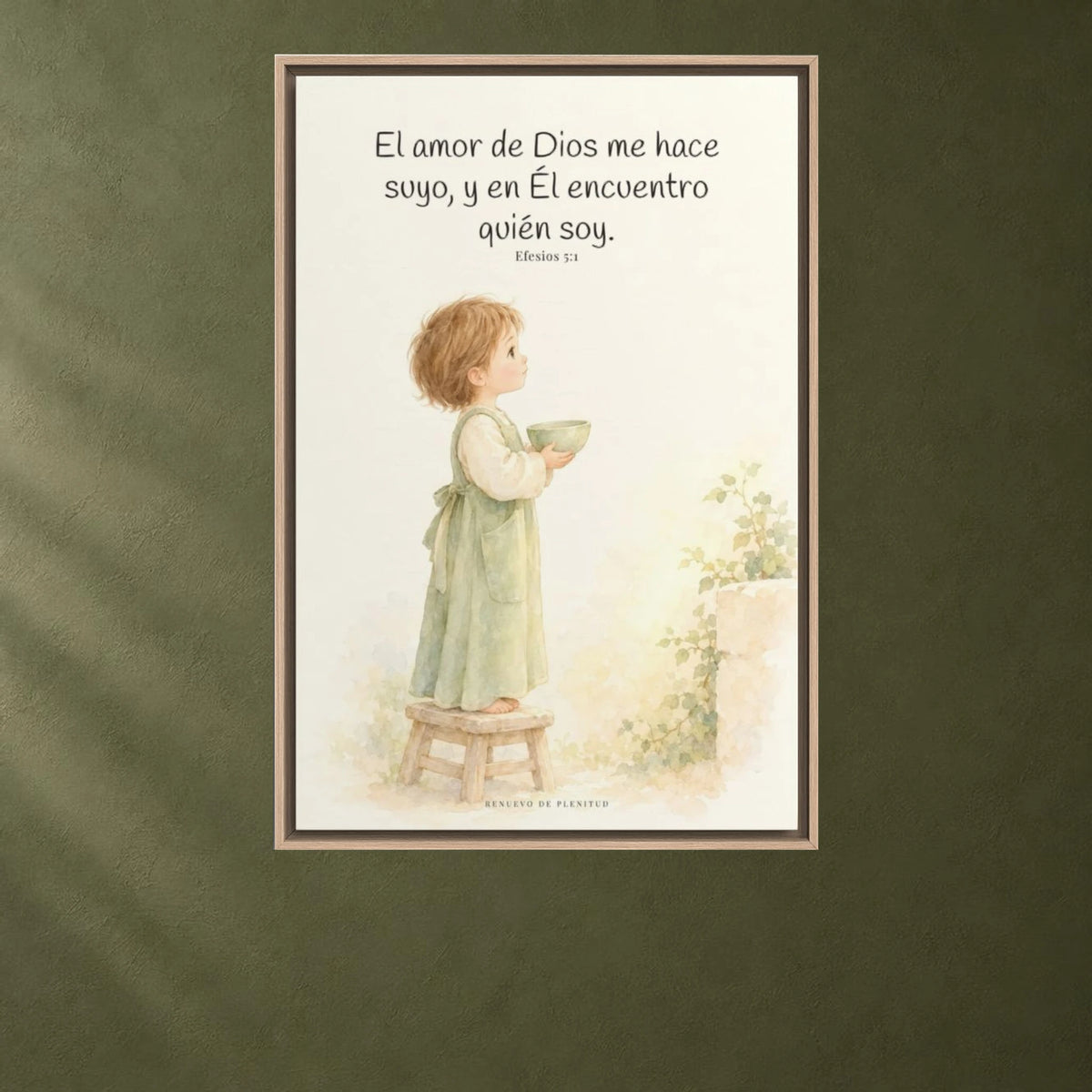 El amor de Dios me hace suyo | Cuadro de fe enmarcado | Efesios 5:1 — 24×36 pulgadas, marco natural, vista frontal ambiental, escala física calibrada