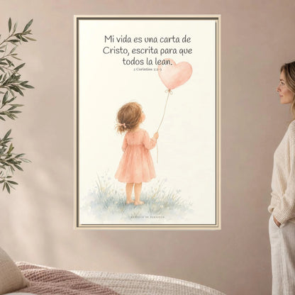 Mi vida es una carta de Cristo — Lienzo Cristiano Enmarcado | 2 Corintios 3:2-3 — 24×36 pulgadas, marco natural, vista frontal ambiental, escala física calibrada