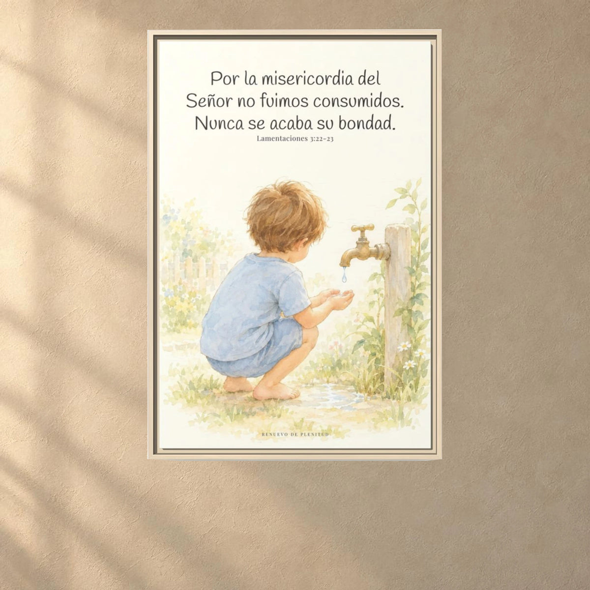 Nunca se acaba la misericordia de Dios — Lienzo Cristiano Enmarcado | Lamentaciones 3:22-23 — 24×36 pulgadas, marco natural, vista frontal ambiental, escala física calibrada